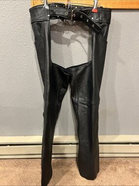 Leather King Men's Black Leather Motorcycle Chaps with Belt